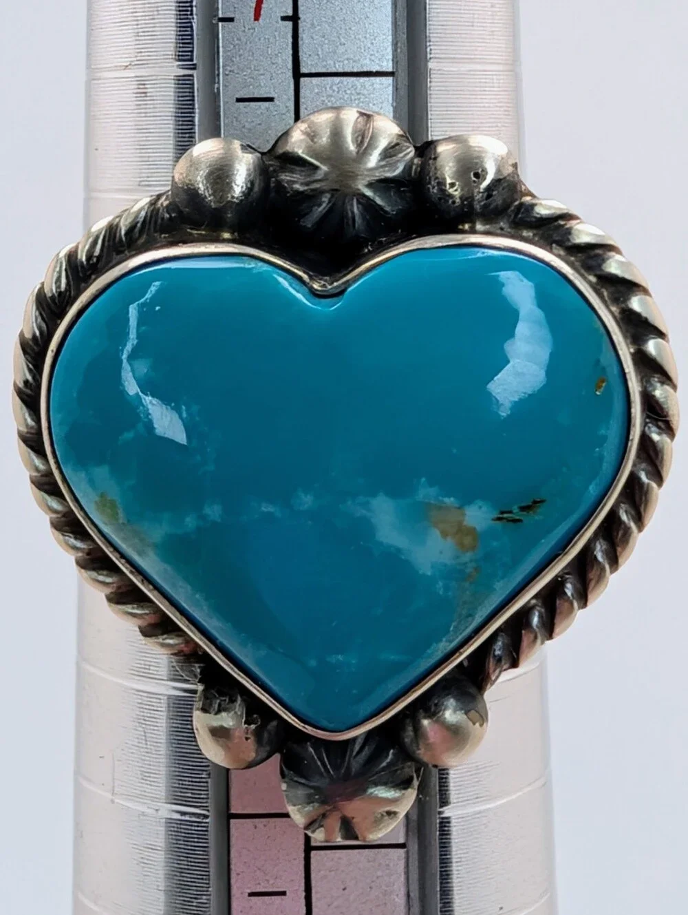 Kingman Turquoise Native Signed Adjustable Heart Ring S925 Sterling Silver